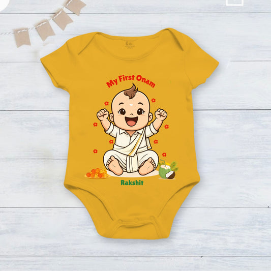My First Onam with customised name_ Yellow Romper