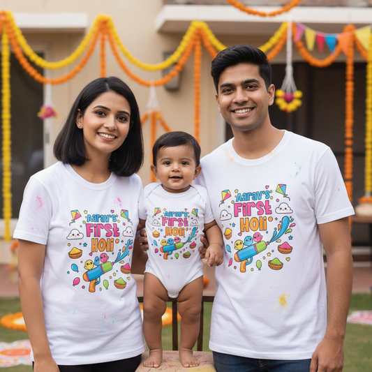 Matching My First Holi Family T-Shirts With Personalized Baby Name | Cotton Set