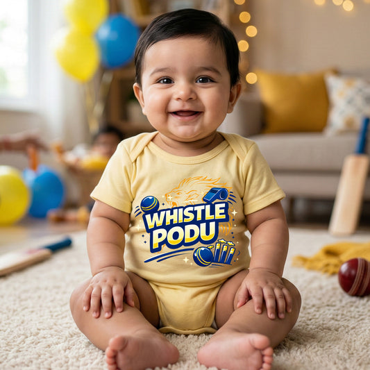 New Born & Baby Clothing | Baby’s CSK Whistle Podu With Customized Baby Name Yellow Bodysuit  | Soft Cotton