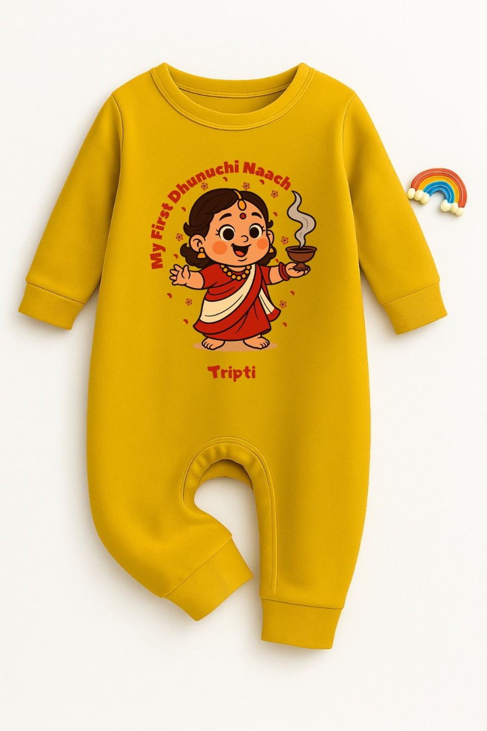 My First Dhunchi Naach with Customized Baby Girl Name _ Full Yellow Romper