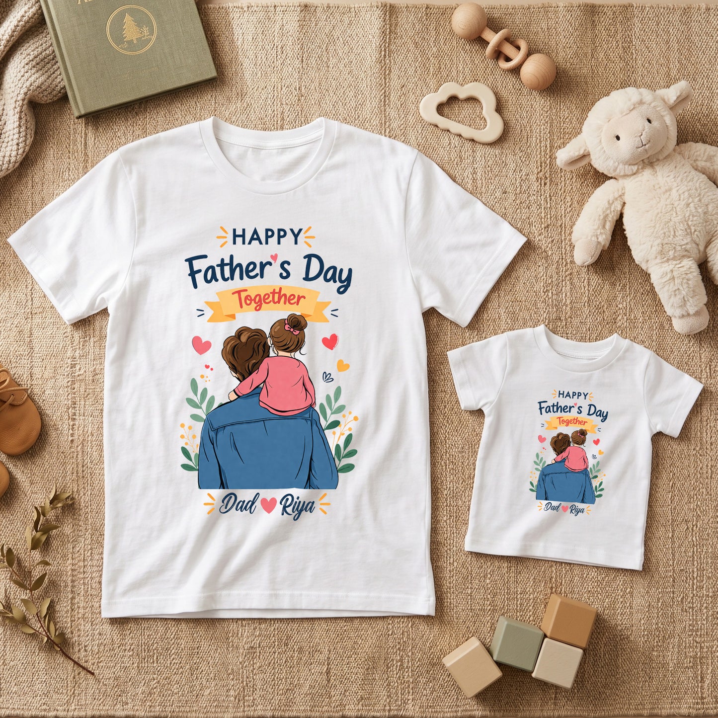 New Born & Baby Clothing | Happy Father's Day Together Dad & Daughter Twinning White Sets T-shirt  | Soft T-shirt