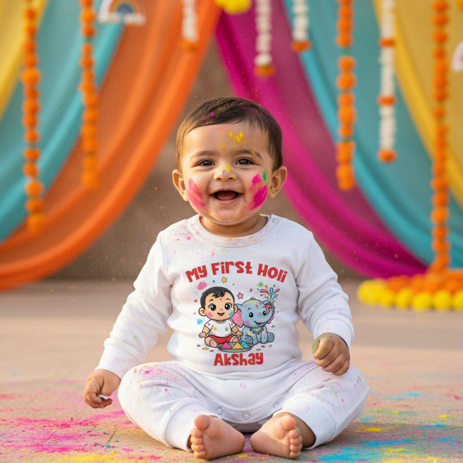 New Born & Baby Clothing | Baby First Holi Dress with Boy Baby Name | Soft Cotton