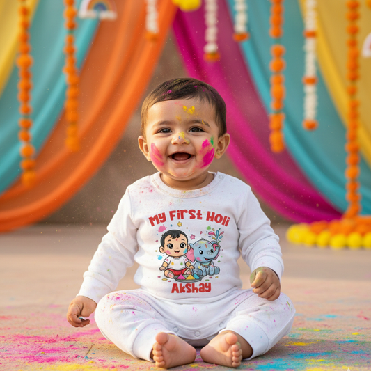 New Born & Baby Clothing | Baby First Holi Dress with Boy Baby Name | Soft Cotton