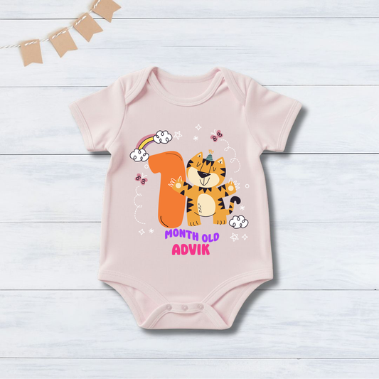 1st Infant monthly birthday Months of Baby Tiger _ Customized name Pink Onesie