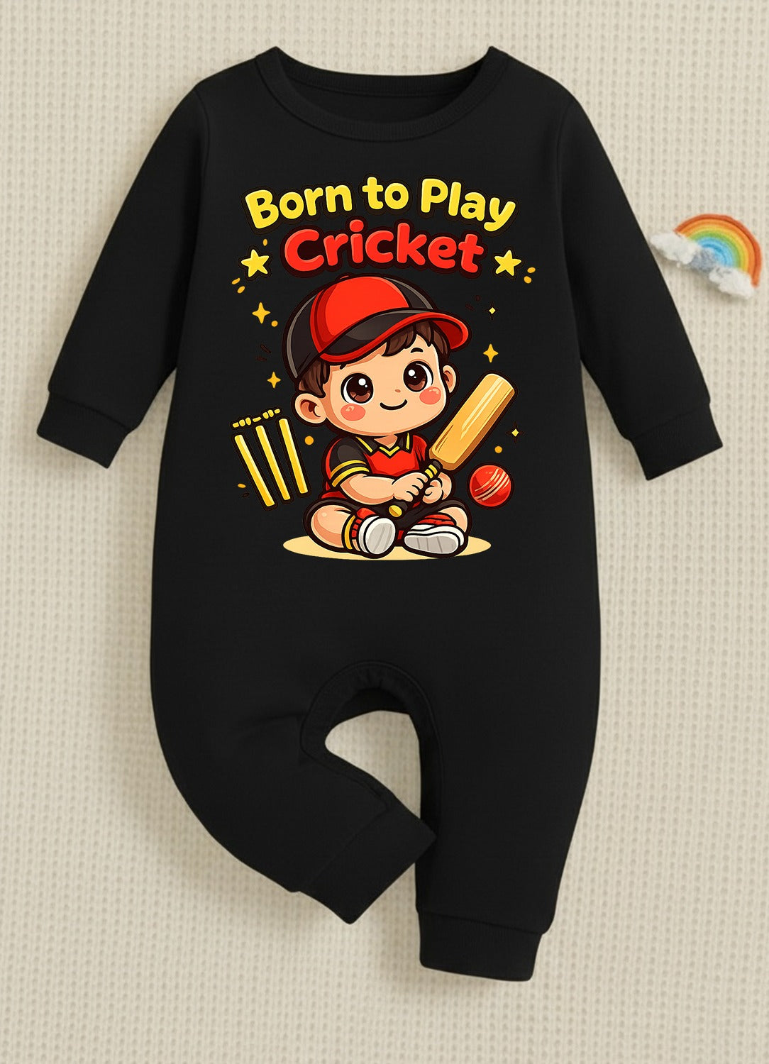 New Born & Baby Clothing | Born To Play Cricket Black Full Romper | Soft Cotton