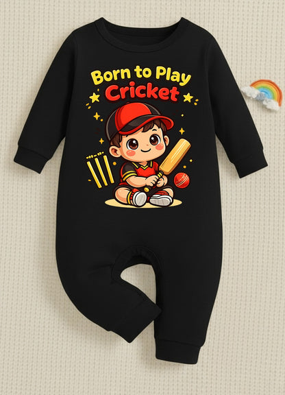 New Born & Baby Clothing | Born To Play Cricket Black Full Romper | Soft Cotton
