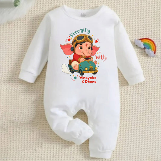 Vrooming with Vinayaka with customised name_ Full White Romper