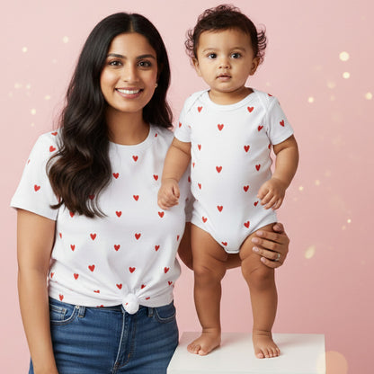 New Born & Baby Clothing | Baby’s First Valentine Outfit – Mom & Kid White Heart T-shirt  Duo | Soft Cotton