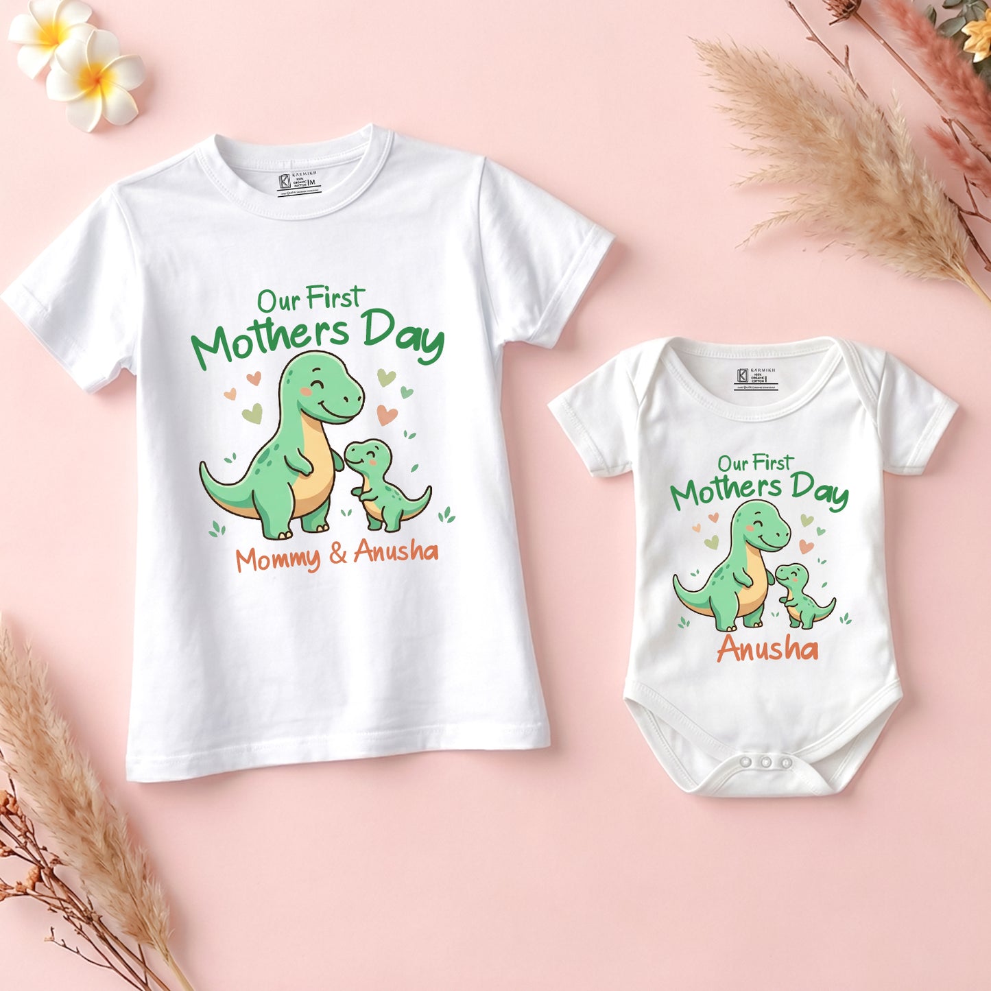 New Born & Baby Clothing | Our First Mother's Day Together With Customized Baby Name Dino White Combo | Soft Cotton