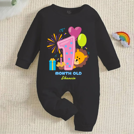 Infant monthly birthday 12 Months of Love Full Black Onesie with customised baby name