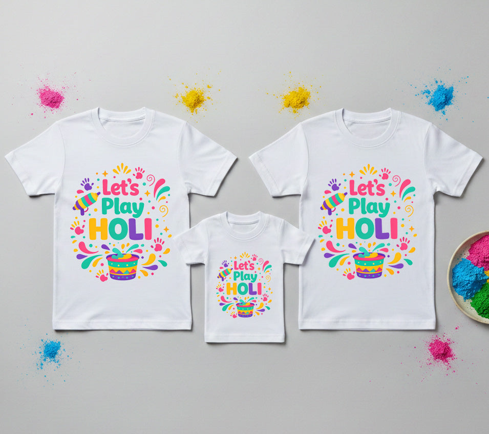 Matching Let's Play Holi Family T-Shirts | Cotton Set