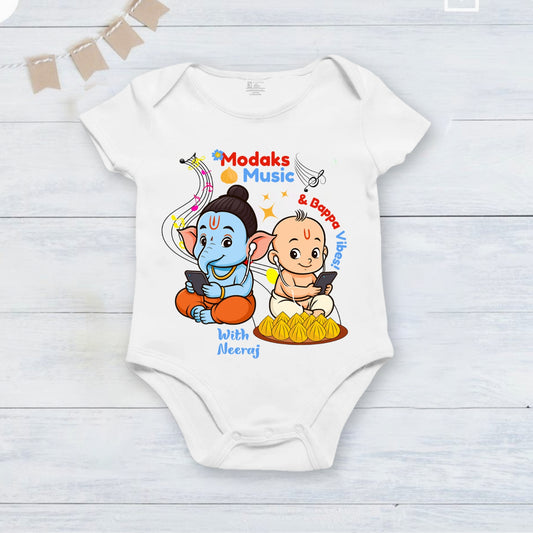 Modak's Music and Bappa Vibes with customised name_ White Onesie