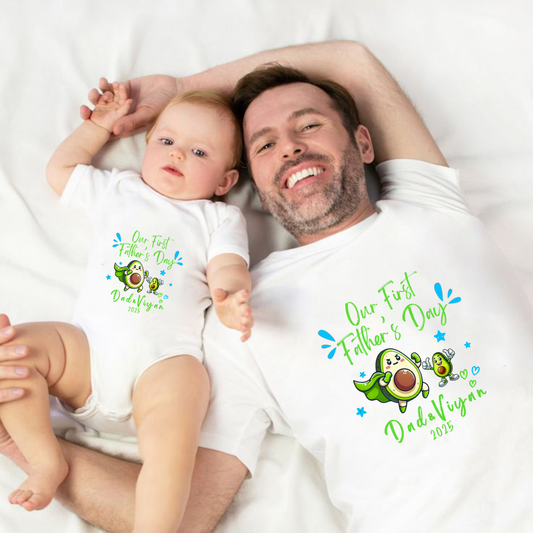 Our First Father's Day Twinning Sets T-shirt and onesie customized  baby name _white onesie