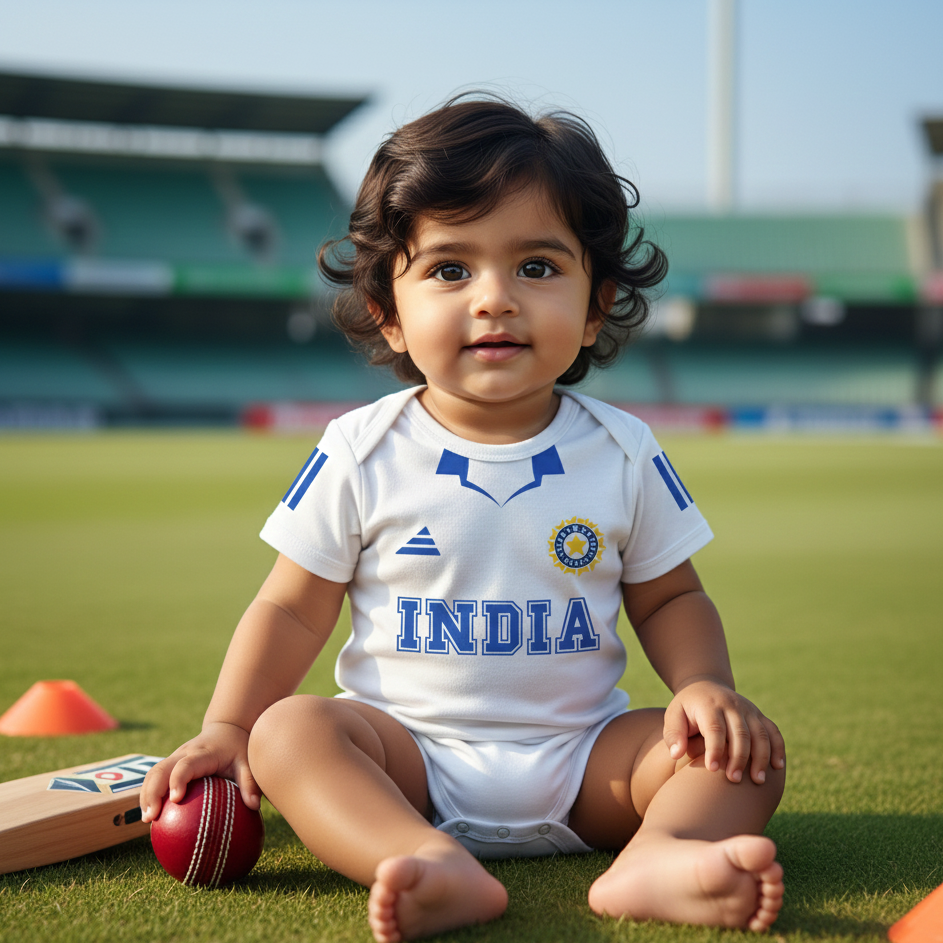 Cute Cricket Jersey Photoshoot Outfit With Customized Baby Name for Newborns White Dress  & Infants