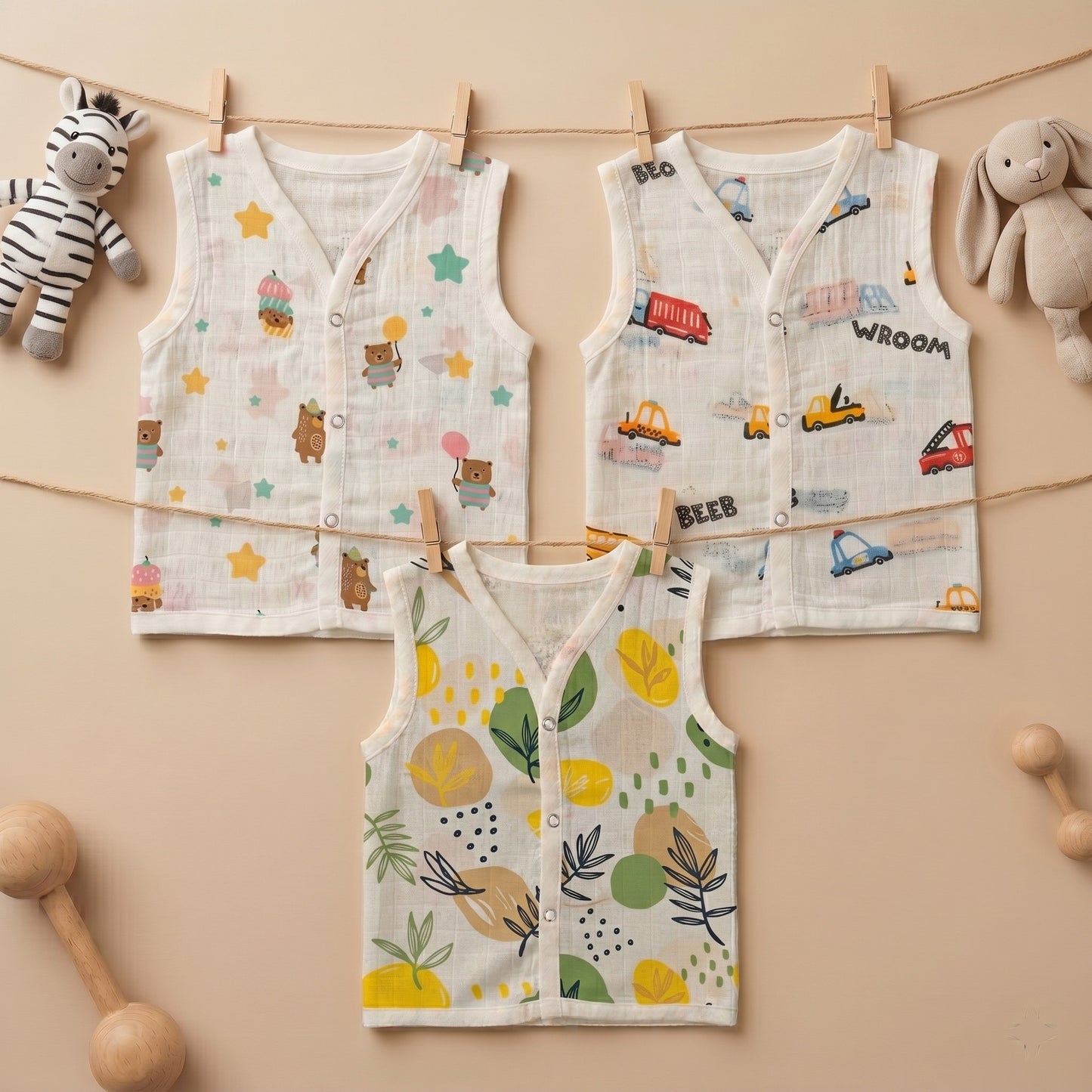 New Born & Baby Clothing | Sleeveless Muslin Baby Dress (0-3 Months) Cute Print First Combo | Soft Cotton