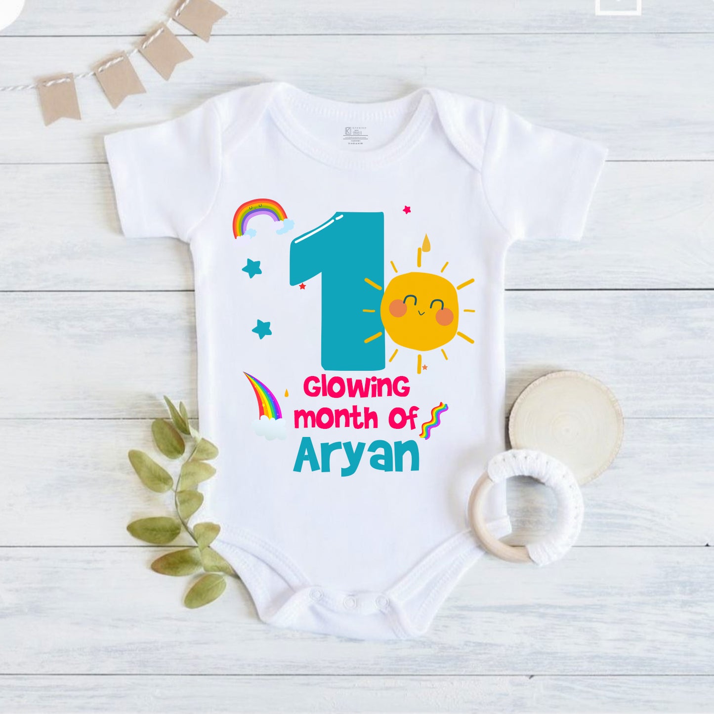Infant monthly birthday with customized name 12 Months of Love and Happiness onesies