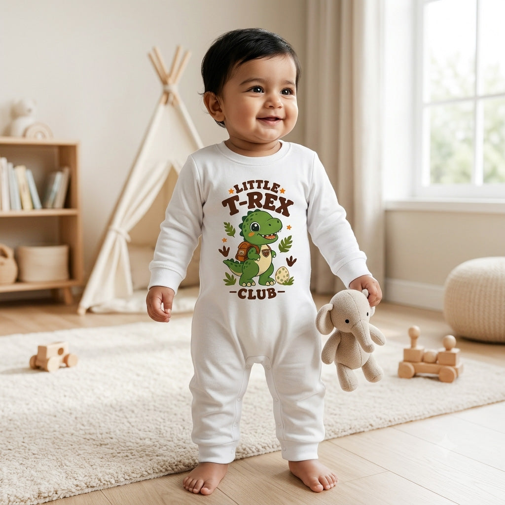 Karmikh Baby Boy Romper | Little T-Rex Club Dinosaur Print | White Full Sleeve Cotton Baby Romper | Soft Cotton