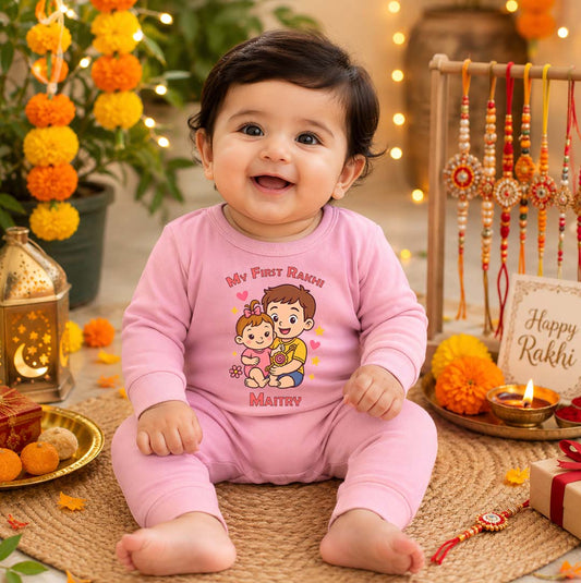 My First Rakhi with customised name_ Adorable  Sis-Bro  Pink Full Romper