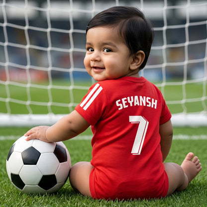 New Born & Baby clothing | Red Football Jersey Inspired Inspired Photoshoot Outfit for Baby with Customized Baby Name Printed | Soft Red Cotton