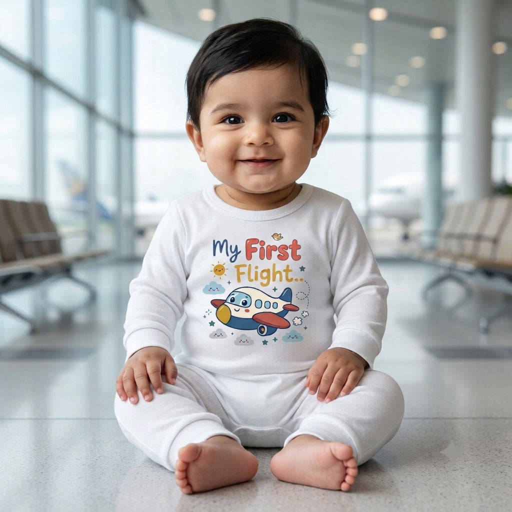 Karmikh My First Flight Baby Romper | Airplane Print Full Sleeve Baby Onesie for Newborn Boys & Girls | Cute Travel-Themed Baby Outfit | Sizes 0–3M to 9–12M
