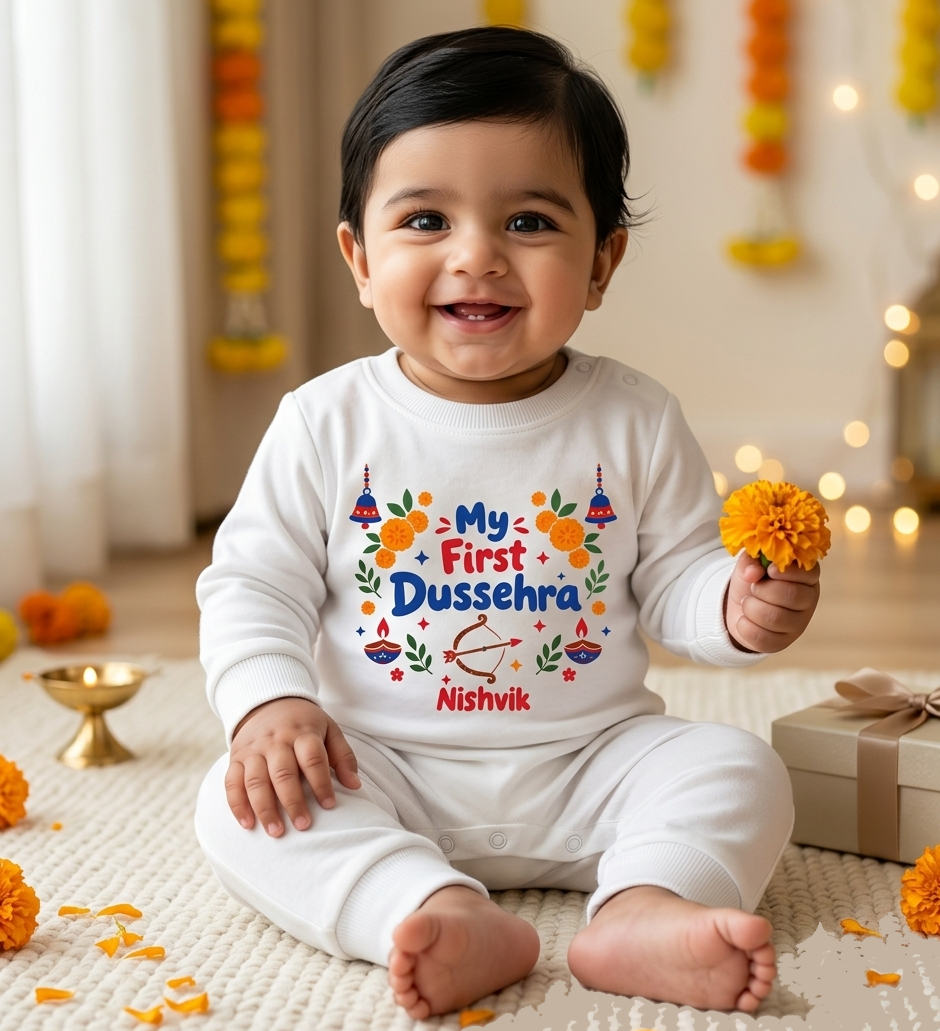 My First Dasara With Customized Baby Name _ Full White Romper