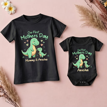 New Born & Baby Clothing | Our First Mother's Day Together With Customized Baby Name Dino Black Combo | Soft Cotton