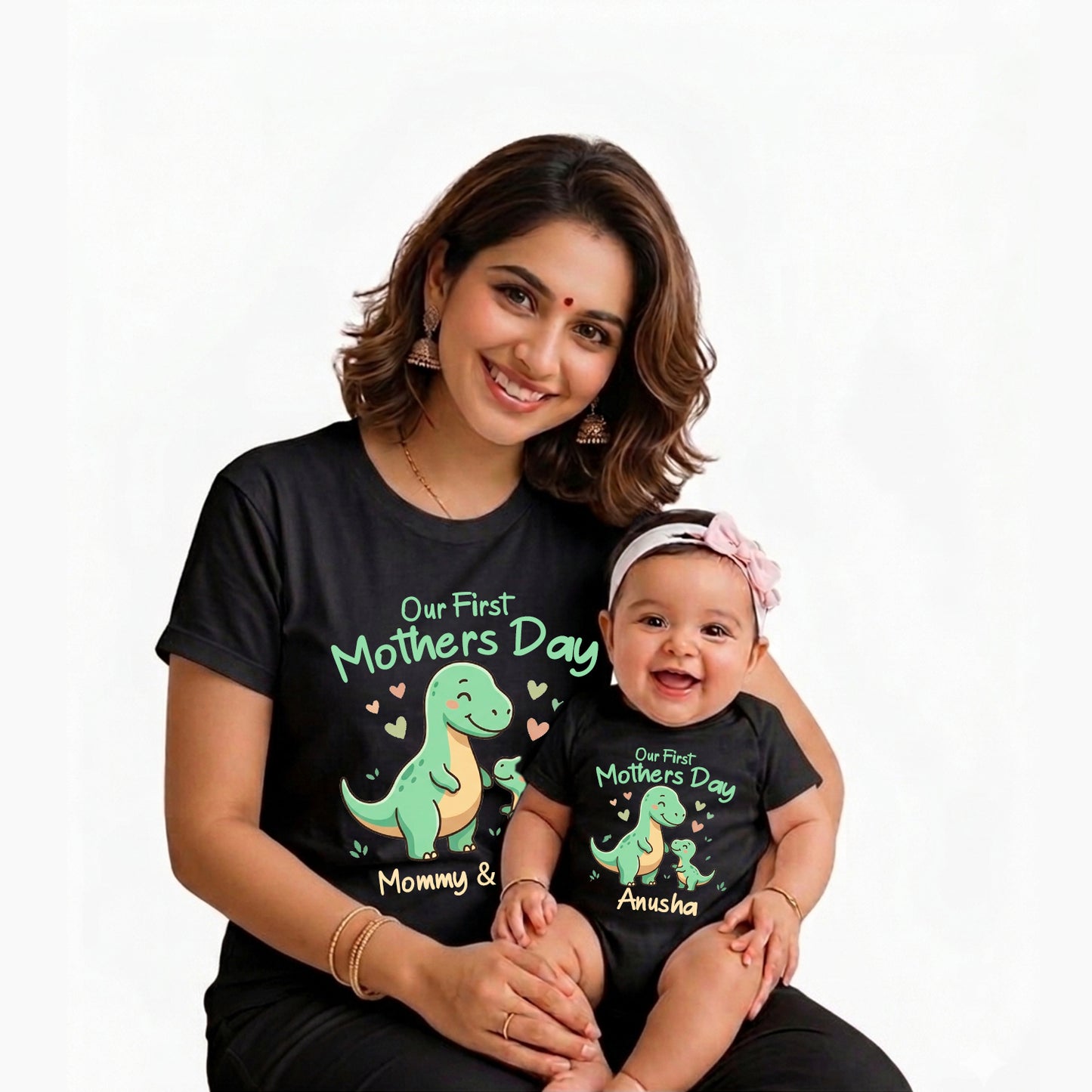 New Born & Baby Clothing | Our First Mother's Day Together With Customized Baby Name Dino Black Combo | Soft Cotton
