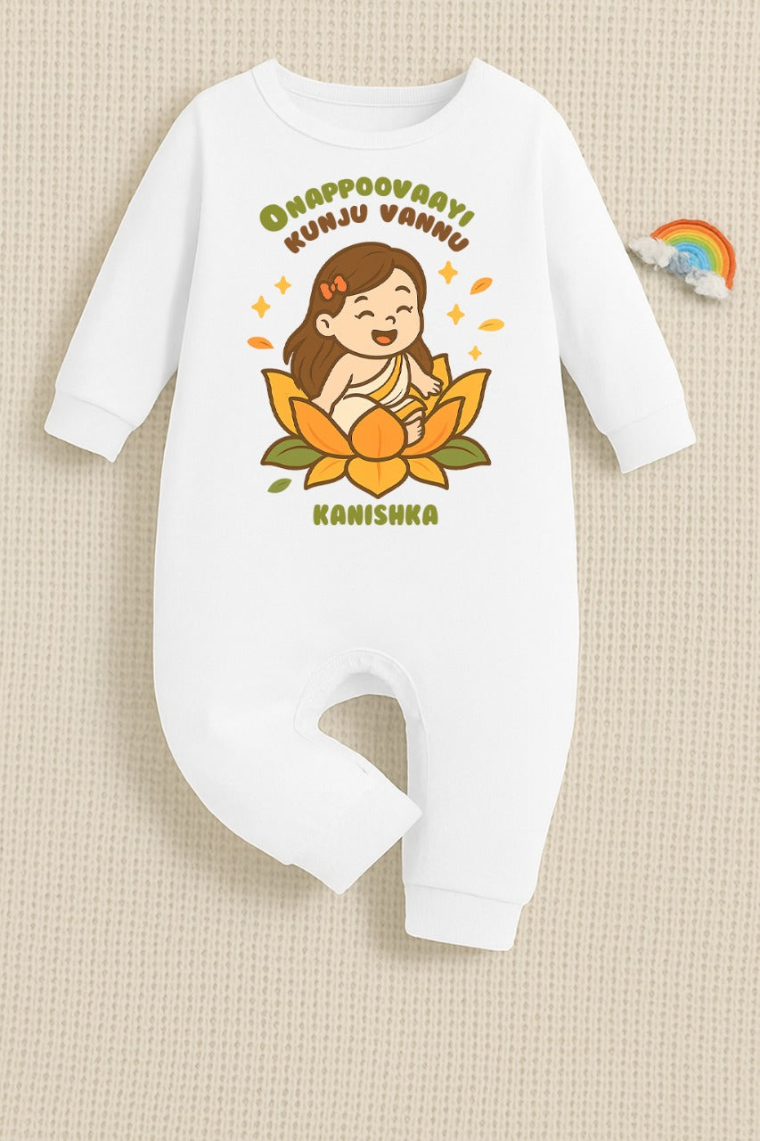 The Baby Came As An Onam Flower with customised baby girl name_ White Full Romper