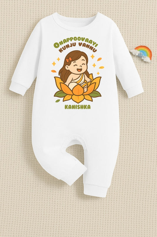 The Baby Came As An Onam Flower with customised name_ White Full Romper