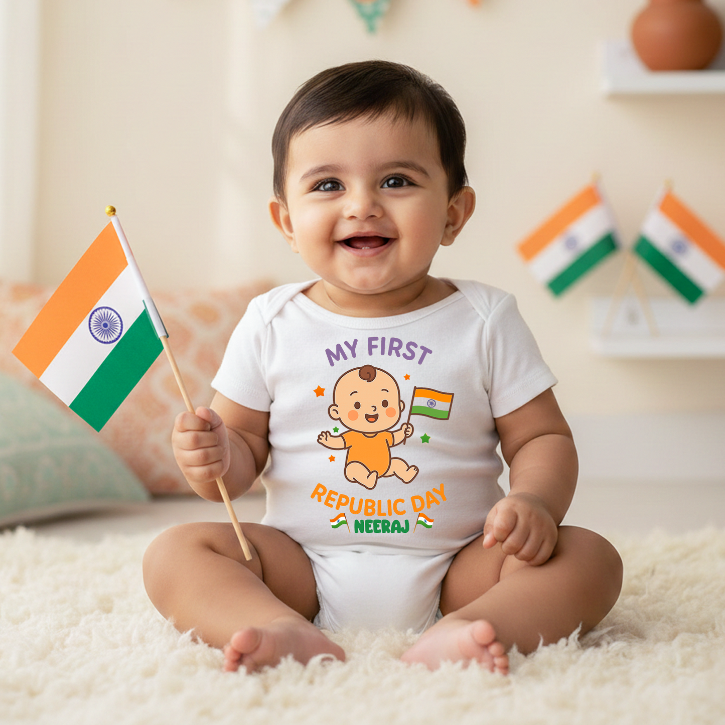 Baby wearing a 'My First Republic Day' onesie holding an Indian flag.