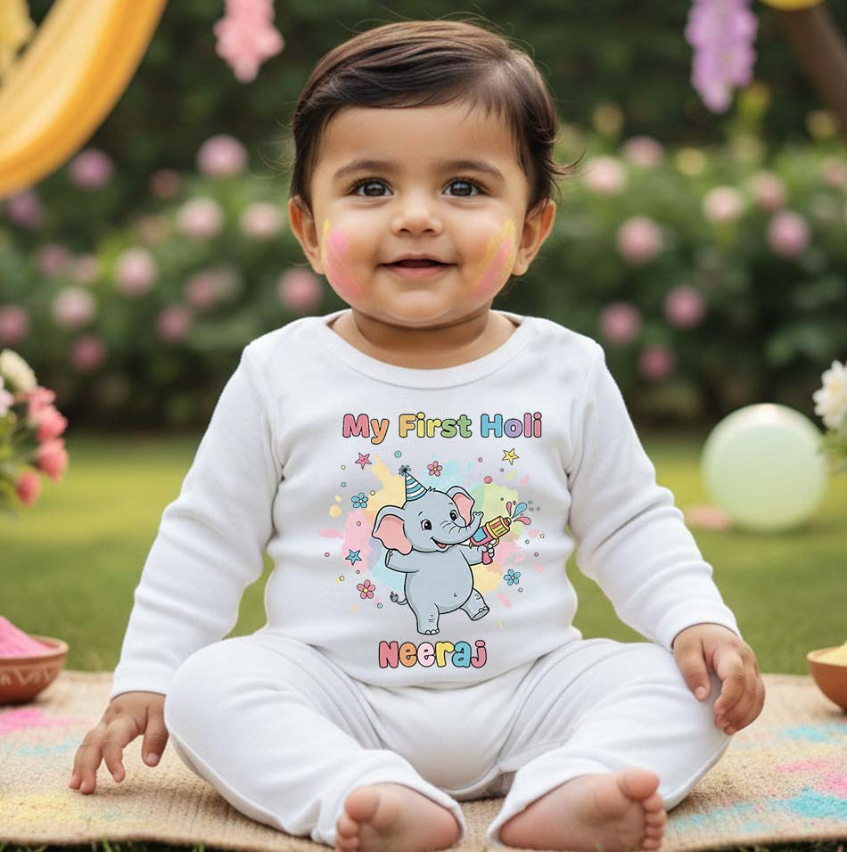 New Born & Baby Clothing | Baby My First Holi with Customized Baby Name | Soft Dress