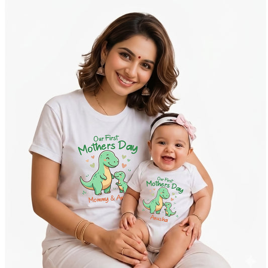 New Born & Baby Clothing | Our First Mother's Day Together With Customized Baby Name Dino White Combo | Soft Cotton