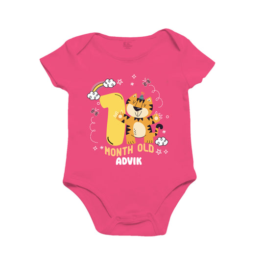 Infant monthly birthday 12 Months of Baby Tiger _ Customized name Pink Onesie