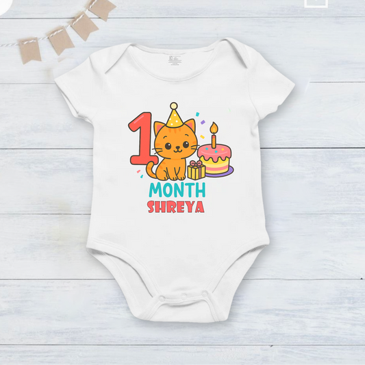 Infant monthly birthday 12 Months of Love cute cat design_ Customized name White Onesie