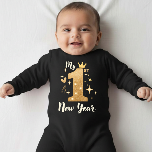 New Born & Baby Clothing | Baby First New Year Full Black Romper | Soft Cotton