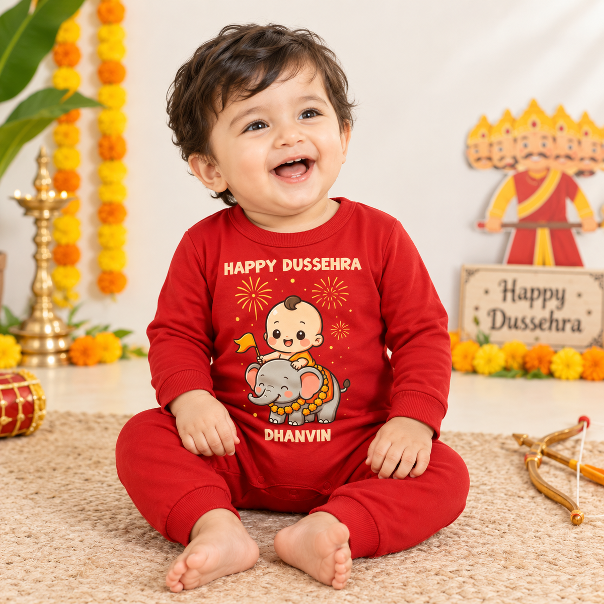 Happy Dussehra With Customized Baby Name _ Full Red Romper