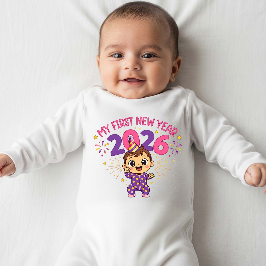 Baby wearing a white onesie with 'My First New Year 2026' text and graphics.