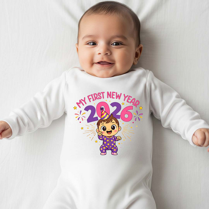 Baby wearing a white onesie with 'My First New Year 2026' text and graphics.