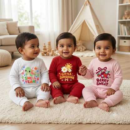 Karmikh Baby Romper Combo of 3 for Boys & Girls | Shell Yeah, Little Sunshine & Berry Sweet | Full Sleeve Printed Baby Rompers | Sizes 0–3M to 9–12M (Copy)
