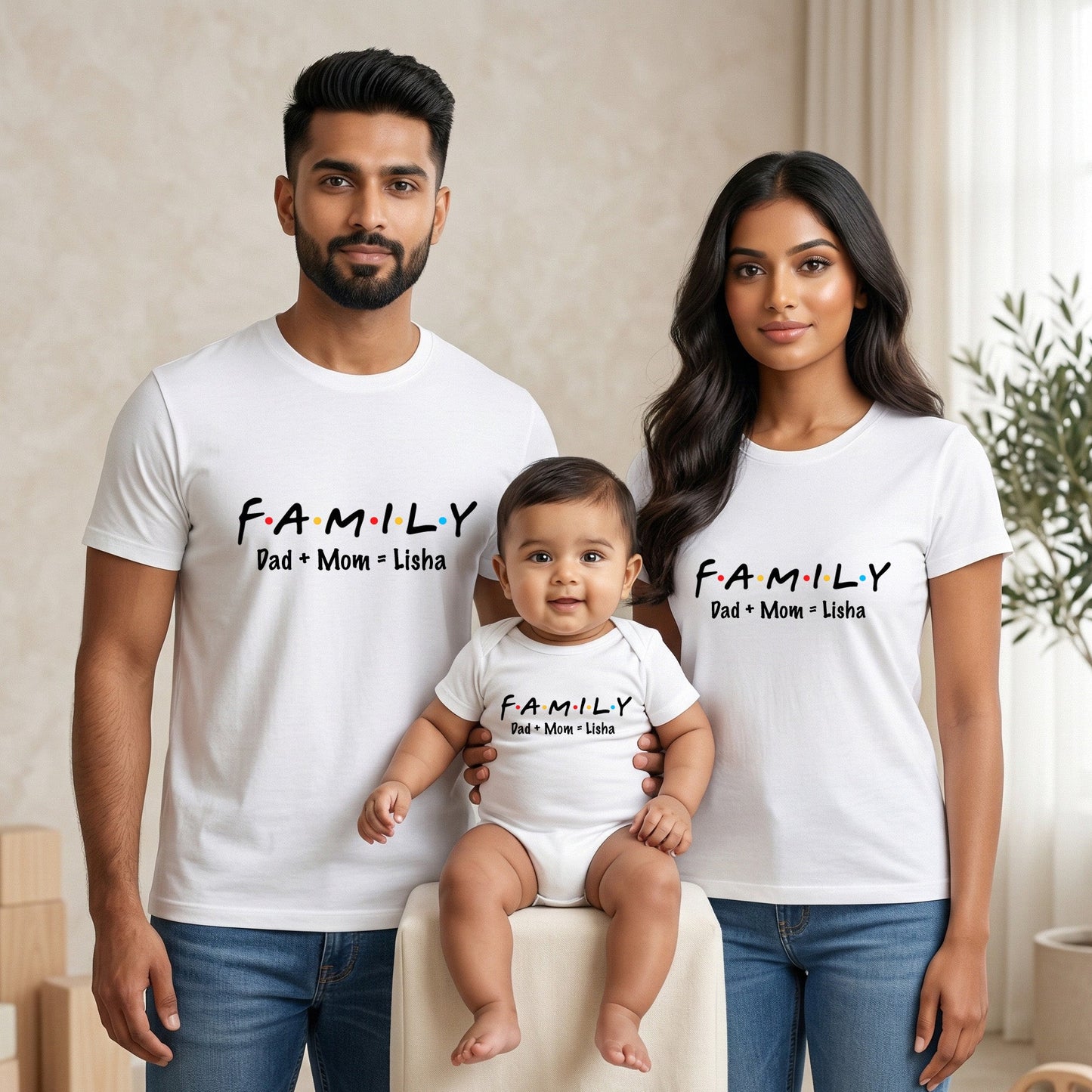 New Born & Baby Clothing | Family Dad+Mom = Kid customized Baby Name T-shirts & Bodysuite White Combo | Soft Cotton