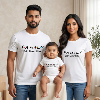New Born & Baby Clothing | Family Dad+Mom = Kid customized Baby Name T-shirts & Bodysuite White Combo | Soft Cotton