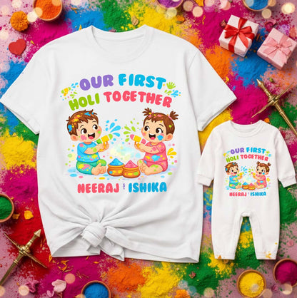 New Born & Baby Clothing | Our First Holi Together Lil Sis Big Bro Twinning Holi Outfits With Customized Baby Name | Soft Cotton