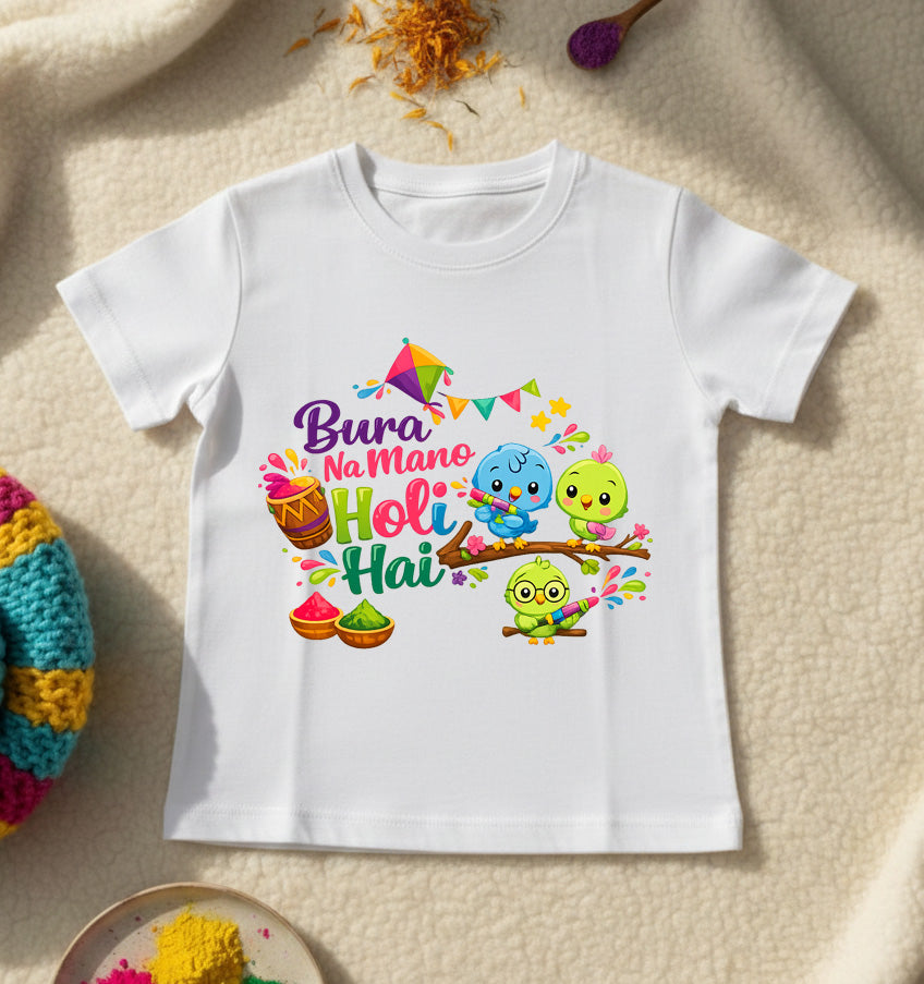 New Born & Baby Clothing | Bura Na Mano Holi Hai  White Kid's T-shirt | Soft Cotton