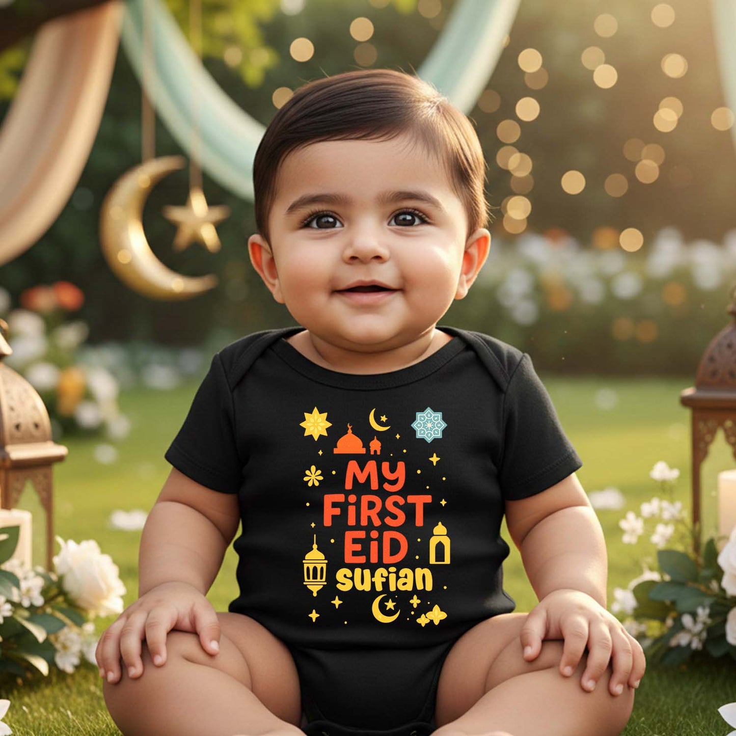 Newborn & Baby Clothing | My First Eid Personalized Name Black Dress | Soft Cotton