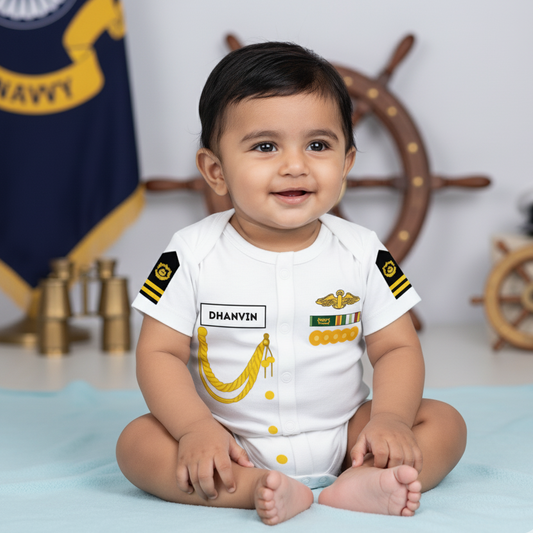 Professional Mister Captain Romper with customized baby name_ White Romper