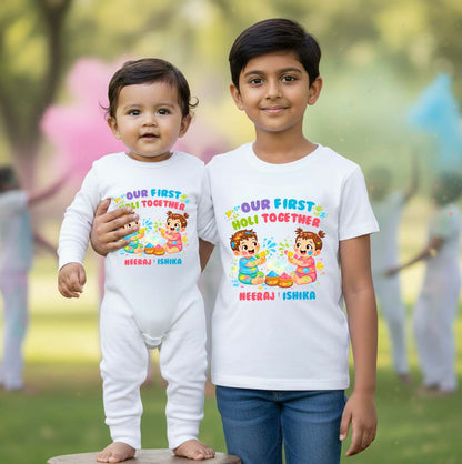 New Born & Baby Clothing | Our First Holi Together Lil Sis Big Bro Twinning Holi Outfits With Customized Baby Name | Soft Cotton