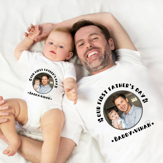 Our First Father's Day Twinning Sets T-shirt and onesie customized baby name with picture _white