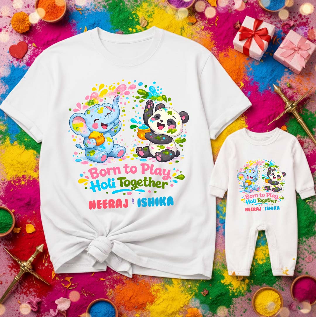 New Born & Baby Clothing | Born To Play Holi Together Lil Sis Big Bro Twinning Holi Outfits With Customized Baby Name | Soft Cotton