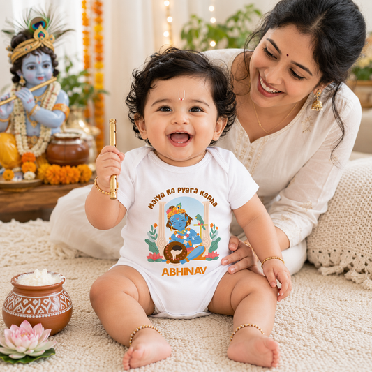Maiya ka pyara kanha with customised name_ White Onesie