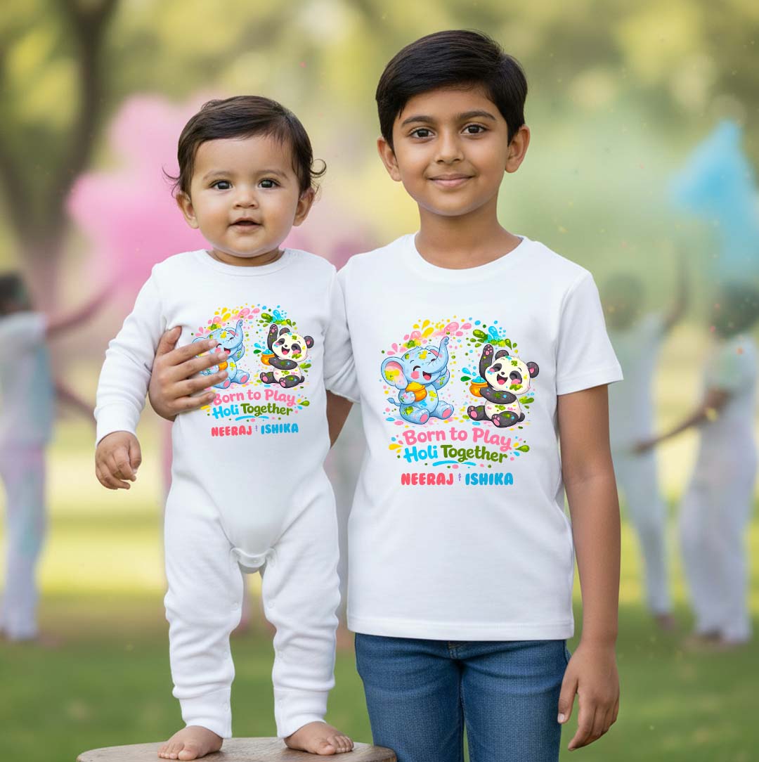 New Born & Baby Clothing | Born To Play Holi Together Lil Sis Big Bro Twinning Holi Outfits With Customized Baby Name | Soft Cotton